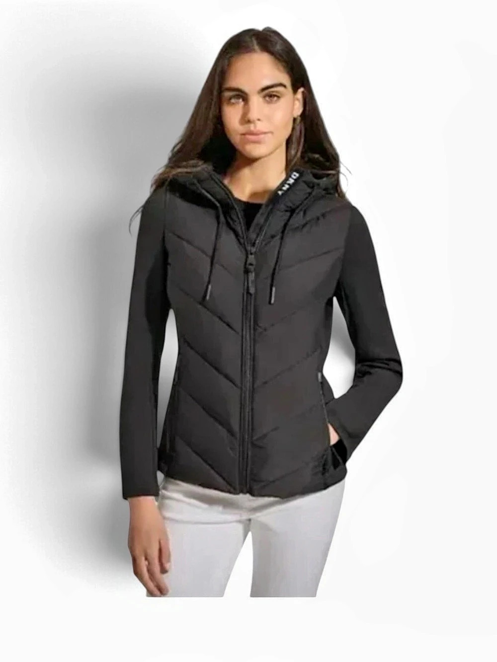 DKNY Long Sleeve Layered Hooded Puffer Jacket Black XL